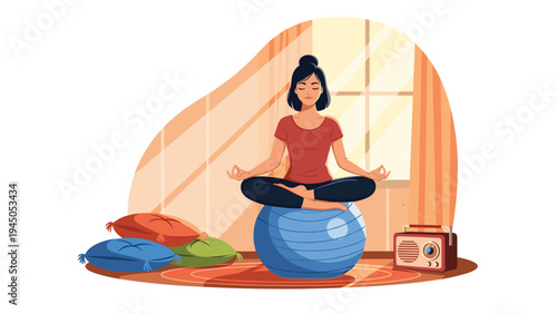 Woman practicing yoga meditation and balance while sitting on fitness ball in peaceful home living room.