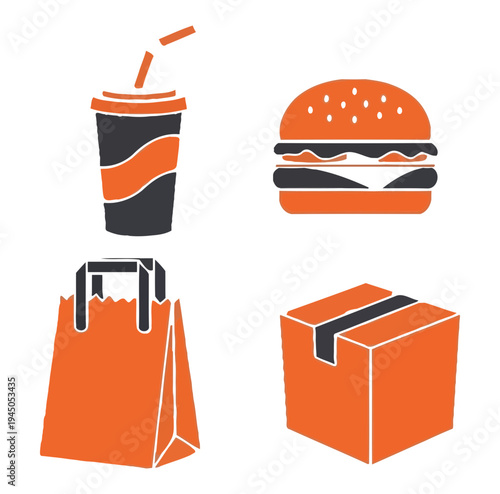 Iconic representation of fast food, including a refreshing beverage, a delicious burger, a convenient takeout bag, and a secure delivery box, perfect for branding and promotional materials