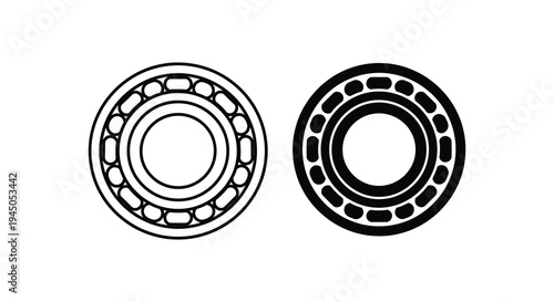 Two black and white illustrations of ball bearings depicting industrial components silhouette high quality professional detailed