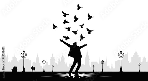 Man Releasing Birds into City Skyline Silhouette