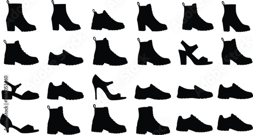 Black shoe silhouettes, footwear icons, fashion design elements, stylish heels, boots, sandals, vector shoes, isolated styles, trendy accessories, editable illustration