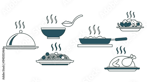 Various delicious hot meals and dishes served on plates and in bowls, including a roasted chicken and a steaming soup, perfect for a food blog or restaurant menu illustration