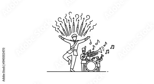 Marching Band Conductor Leads Performance with Musical Notes and Fireworks