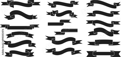 Black ribbon banner set, decorative vector elements, curved and straight shapes, graphic design assets for labels, headings, posters, and web decoration