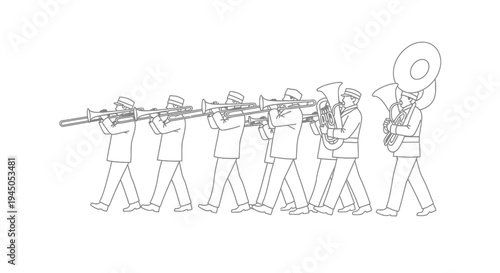 Marching Band Musicians Playing Brass Instruments in Formation