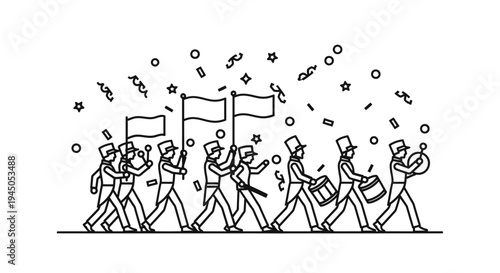 Marching Band Parade with Flags and Confetti - Line Art Illustration