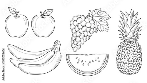 Outline illustrations of fresh, healthy fruits including crisp apples, ripe bananas, juicy grapes, a whole pineapple, and a refreshing watermelon slice, perfect for various design projects
