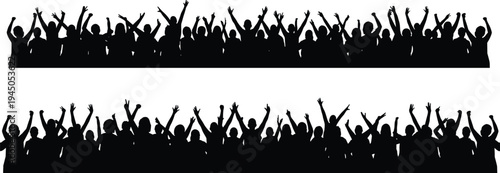 Black silhouette cheering crowd vector illustration, people celebration artwork, concert audience design, party festival figures, excited fans raising hands, social event graphic