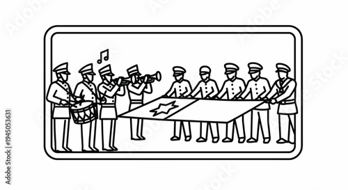 Military Band Unfurls Flag with Star, Drummer, Trumpeters, Celebration, Parade
