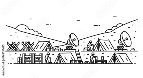Military Base Camp with Satellite Dishes and Tents - Line Art Illustration