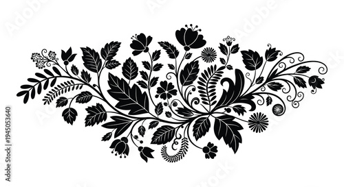 An elegant flowing floral arrangement depicted in a striking black silhouette high quality professional detailed modern