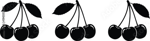 Black silhouette cherry fruit illustration with three bunches, fresh summer berry design, organic healthy food concept, isolated vector graphic for decoration, icons