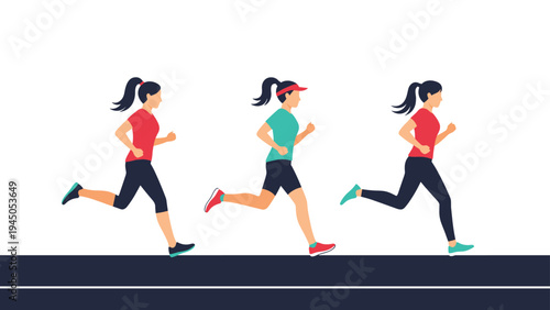 Athletic women practicing marathon training and cardio exercise by running together on outdoor track.