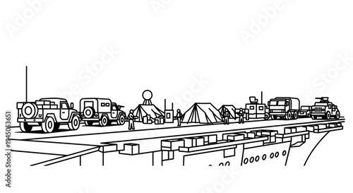 Military Camp on Aircraft Carrier Deck with Vehicles and Tents
