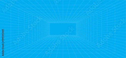 3d wireframe grid room. 3d perspective laser grid 16 9.. Cyberspace blue background with white mesh. Futuristic digital hallway space in virtual reality. Vector illustration.