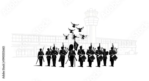 Military Band Marching with Doves Flying Over Airport Terminal