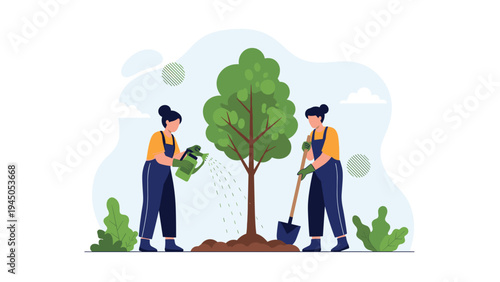 Female volunteers planting and watering young tree together to support environmental conservation and green nature.