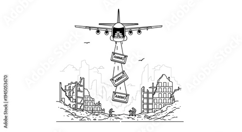 Military cargo plane drops ammunition crates over war-torn city with soldiers below