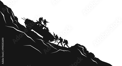 Military convoy on a steep mountain slope, soldiers with weapons, tactical operation