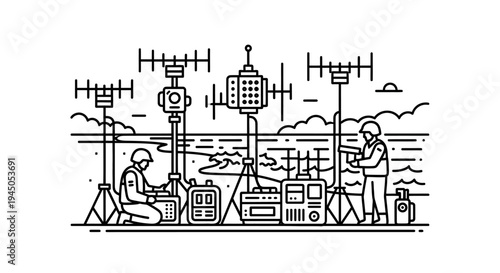 Military communication setup with soldiers and antennas, outdoor scene