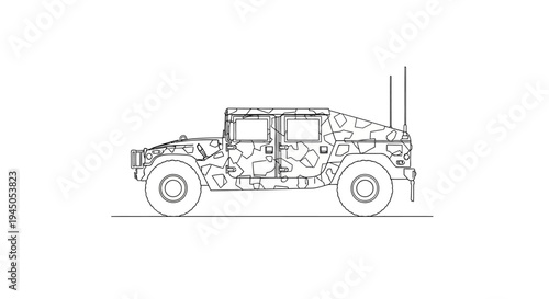 Military Humvee Vehicle Outline Drawing, Black and White Line Art
