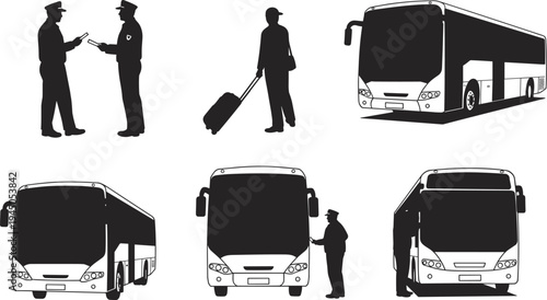 Black silhouette illustration of buses with passengers and drivers, public transport vector design, travel and transportation clipart, commuter bus service artwork set