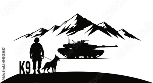 Military K9 unit with tank and mountains silhouette, tactical teamwork