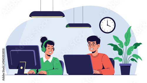 Cheerful colleagues discussing work while sitting at their desk with laptops and desktop computer in a bright office space.