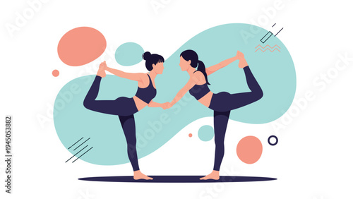 Two women practicing yoga together in a synchronized balance pose against a stylized abstract background for health and wellness.