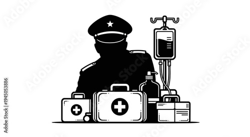 Military Medical Aid and Support: Soldier, First Aid Kits, IV Drip, Sanitizer