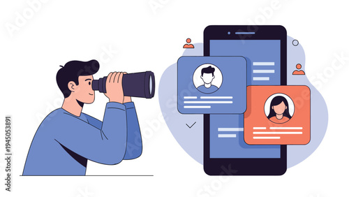 Recruitment professional searching for candidates by looking through binoculars at user profiles on a large mobile smartphone screen.