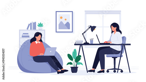 Two professional women working on their laptops in a cozy and modern office space featuring comfortable furniture and indoor plants.