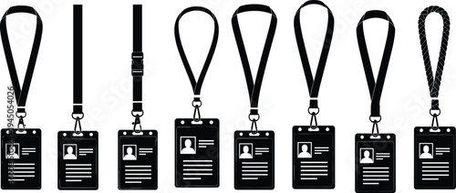 ID card badge holder lanyard set with employee identification cards hanging neck straps office security pass vector silhouette collection