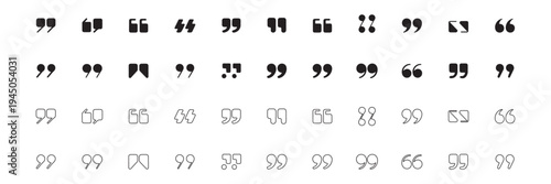 Set of quote mark, quotes icon, sign, symbol, emblem. Ditto marks icon set. Quotation marks. Dialogue discussion symbol for UI UX, website, mobile app. Quotation marks vector icon set collection