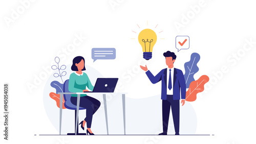 Business professional presenting a new successful idea to his female colleague while working in a modern office environment.