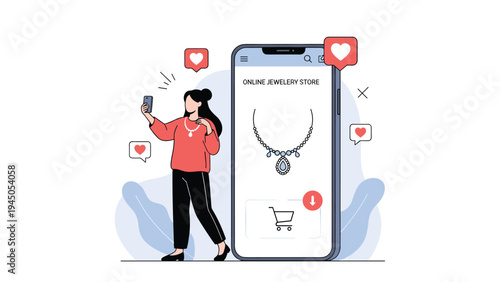 Stylish woman using her smartphone to take a photo of a necklace while browsing an online jewelry store for new accessories.