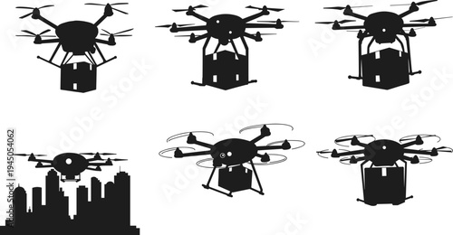 Black silhouette illustration of delivery drones carrying packages, aerial transport vector design, futuristic drone shipping clipart, urban logistics and parcel delivery artwork set