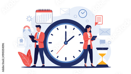 Professional employees managing their time and schedules efficiently while standing next to a giant wall clock in the office.