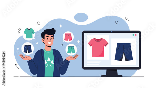 Man using an online shopping platform to choose between different clothing options for his personal wardrobe update.