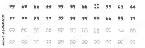 Set of quote mark, quotes icon, sign, symbol, emblem. Ditto marks icon set. Quotation marks. Dialogue discussion symbol for UI UX, website, mobile app. Quotation marks vector icon set collection