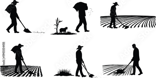 Black silhouette illustration of farmers working in agricultural field, rural farming vector design, cultivation and planting clipart, agriculture worker artwork set