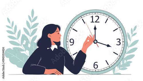 Woman managing her schedule by manually adjusting the time on a giant wall clock surrounded by decorative green leaves.