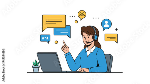 Dedicated customer service agent with a headset assisting clients and answering queries via an online communication platform.