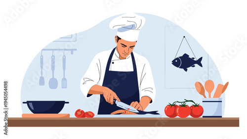 Professional chef carefully slicing a fresh fish on a cutting board in a clean restaurant kitchen with cooking ingredients.
