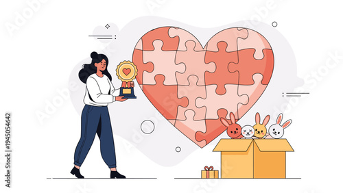 Kind woman receiving a trophy for her charitable work in front of a giant puzzle heart representing love and community support.