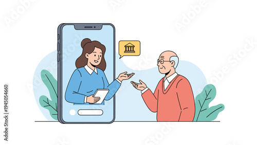 Elderly man consulting with a bank representative via a video call on a large mobile smartphone for financial assistance.