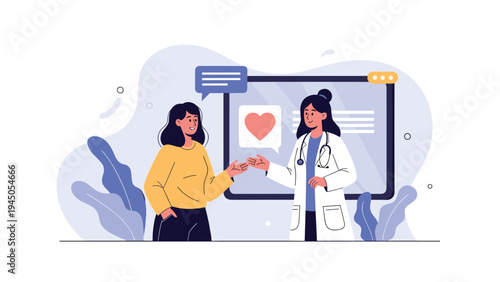 Patient consulting with a female doctor about heart health in a modern clinic featuring digital medical technology.