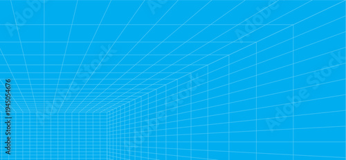 3d wireframe grid room. 3d perspective laser grid 16 9.. Cyberspace blue background with white mesh. Futuristic digital hallway space in virtual reality. Vector illustration.