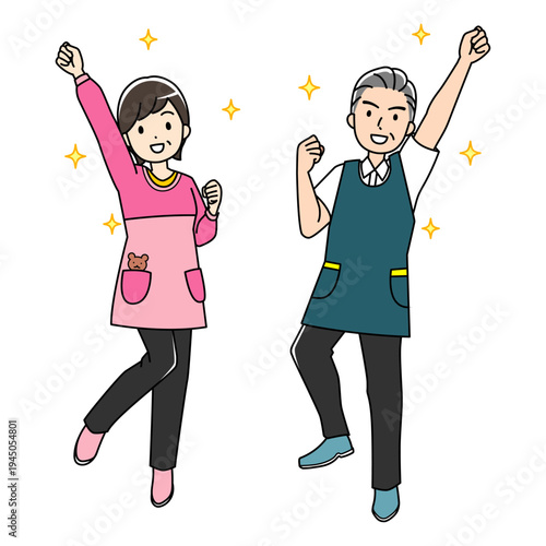 エプロン姿の元気なシニア男女のカラーイラスト
