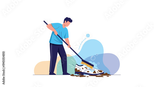 Service worker using a long-handled brush to clean a giant white leather shoe from mud and dirt stains in a studio.